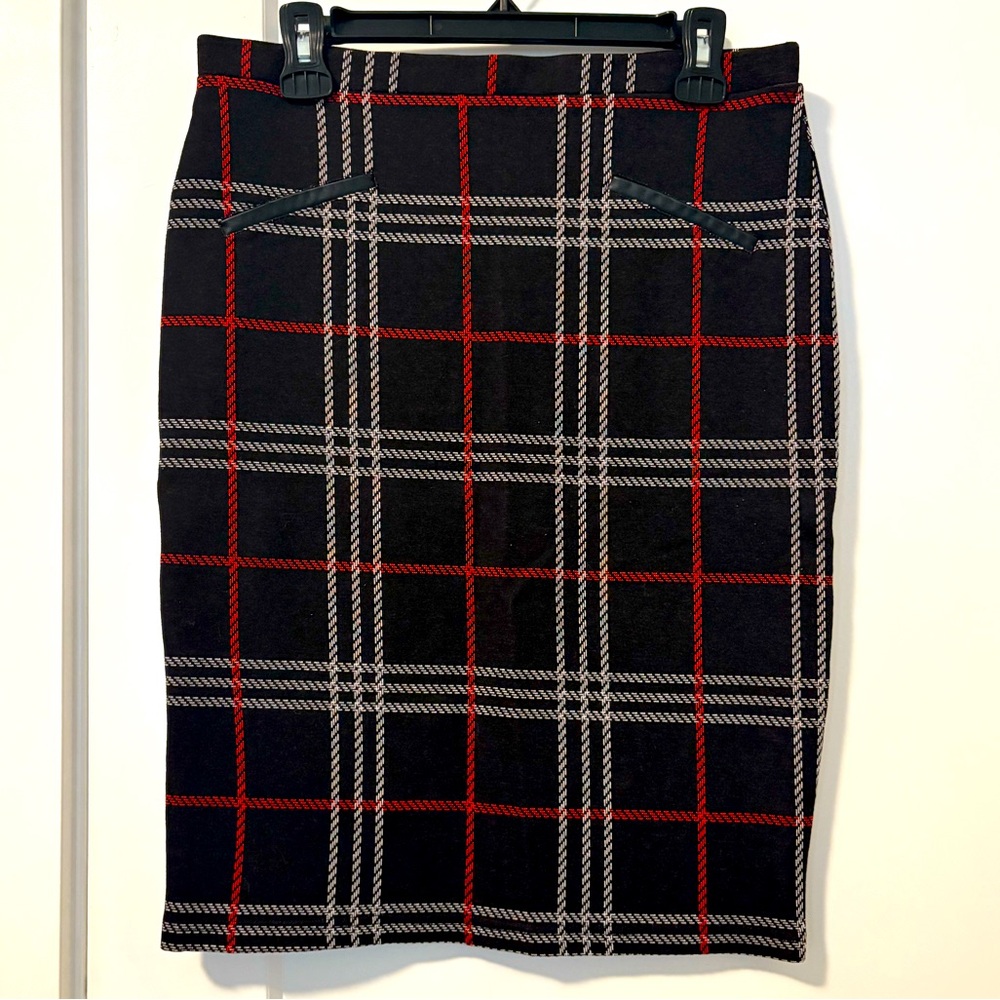 Plaid Pencil Skirt - Black, Red, Gray